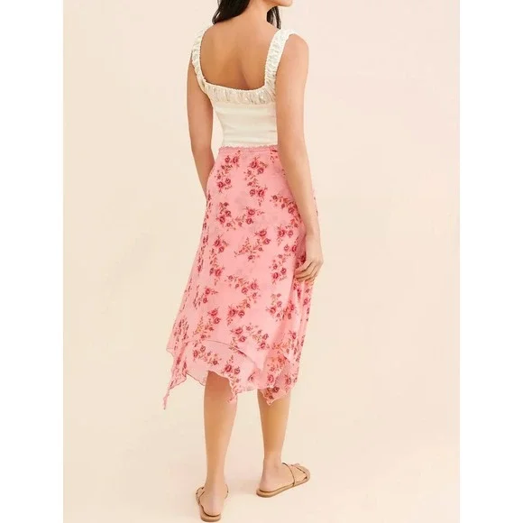 Free People Cottagecore Garden Party Floral Handkerchief Hem Midi Skirt ,Pink ,L - Picture 6 of 9